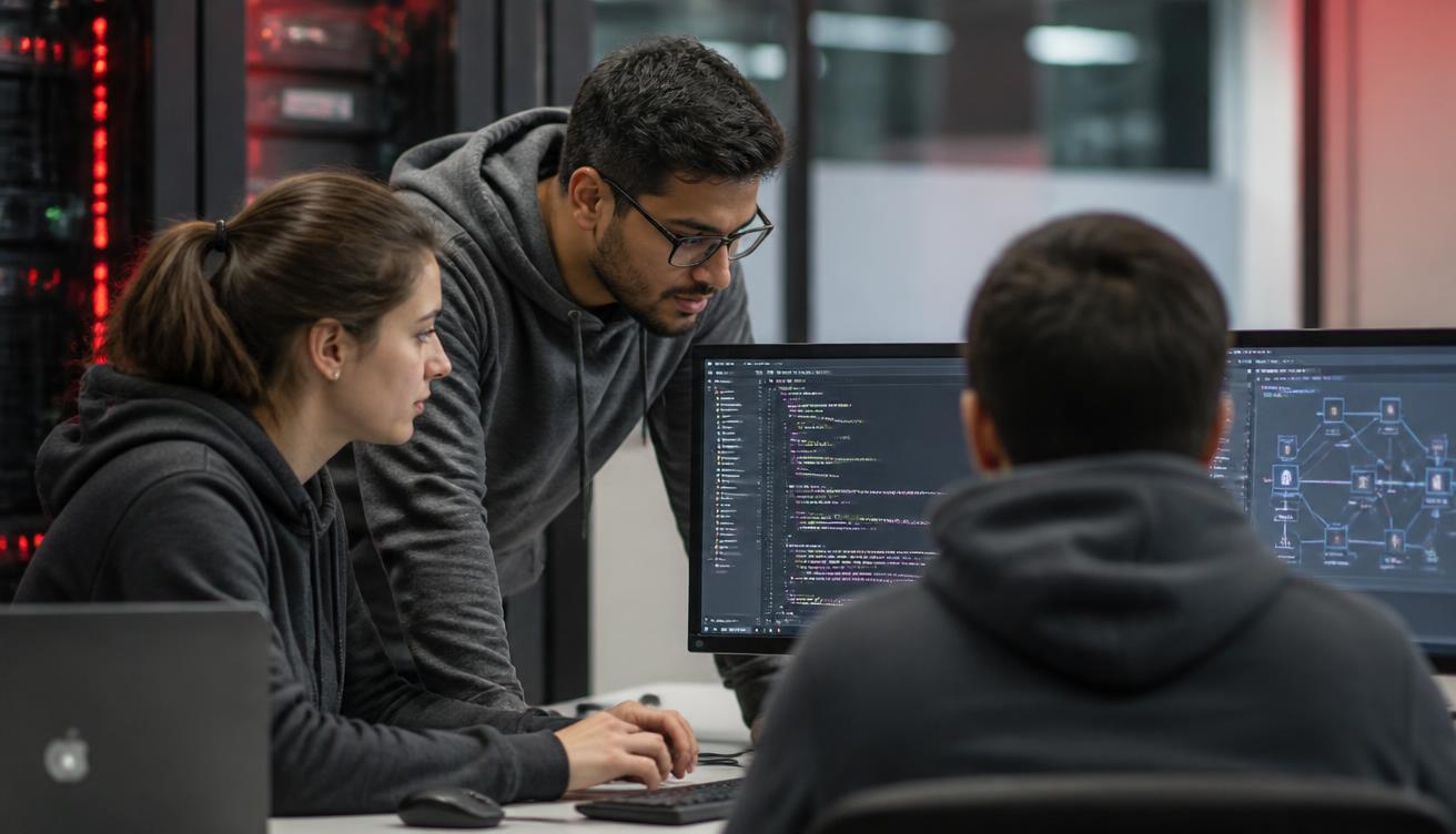 Étudiants en informatique travaillant sur du code et des infrastructures réseau